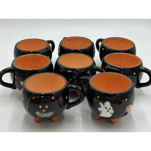 Unbranded Other - Halloween Black Cat Ghost Mug Coffee Tea 6oz Cup Hand Painted White Orange Set 8